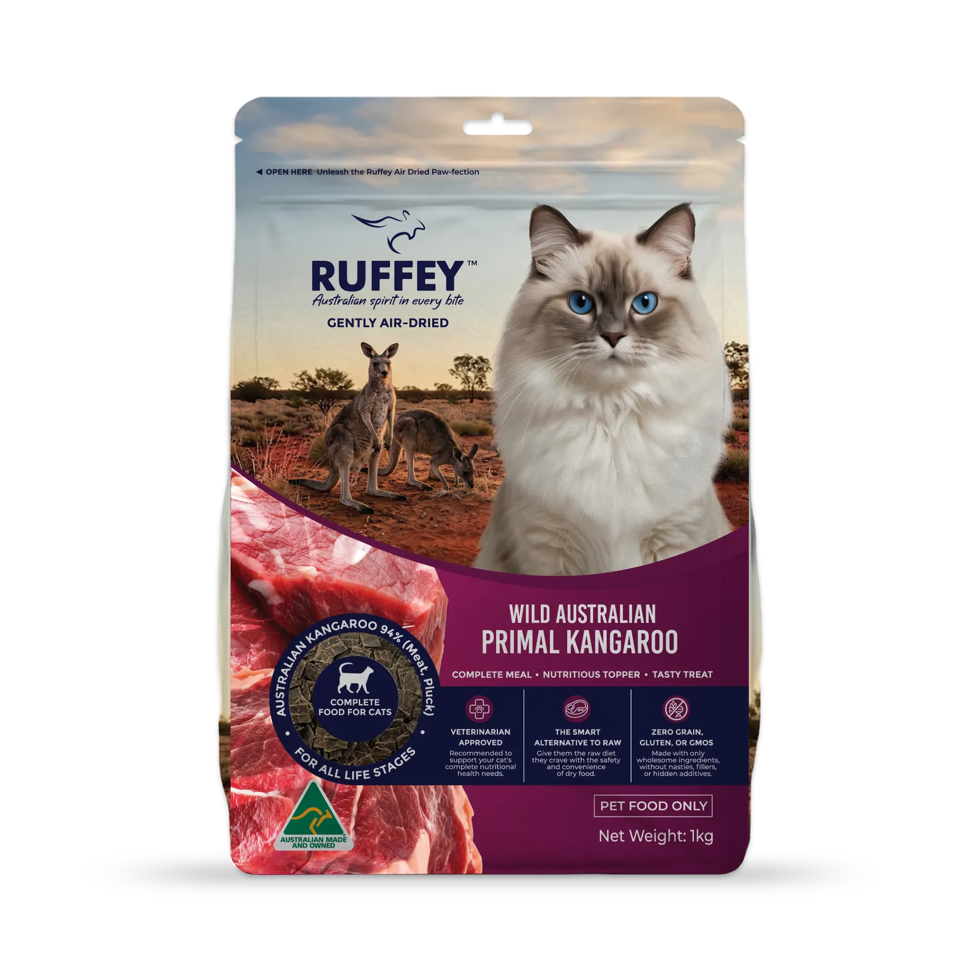 [RACPK1U] Ruffey Air Dried Cat Wild Australian Primal Kangaroo 1kg